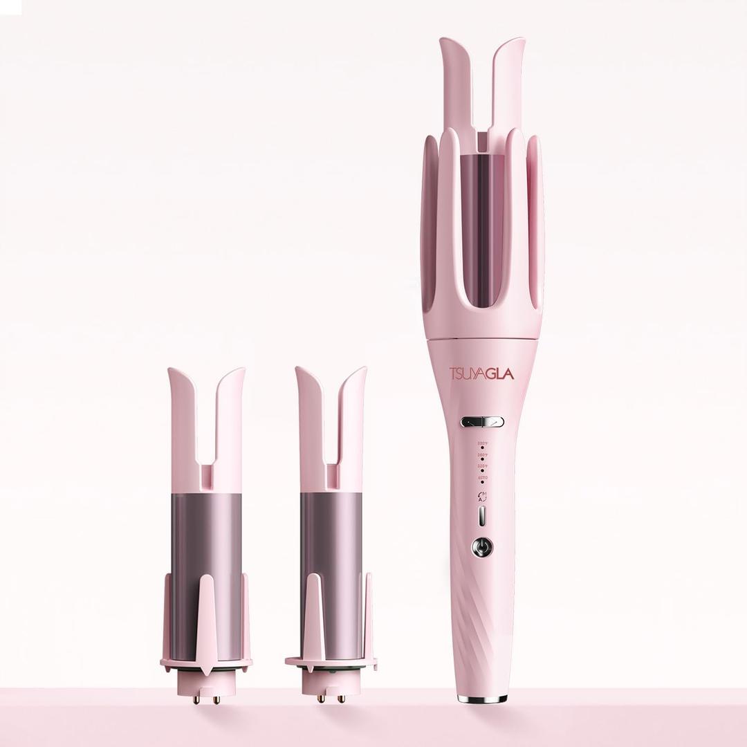 3 in 1 Automatic Curling Iron, Hair Curlers with 3 Curling Barrels (1" - 1.25" - 1.5"), Rotating Curling Iron with 3 Temp, 2-Way Rotation, 10S Fast Heating, Anti-Scald, Dual Voltage, Pink