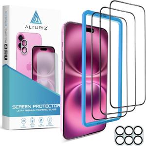 ALTURIZ 3-Pack Screen Protector for iPhone 16 Plus [6.7 inch] + 3-Pack Camera Lens Protector with Easy Installation Frame [9H Hardness][Shatterproof Tempered Glass][Bubble-Free][3+3 Pack]