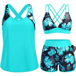 Daci Women 3 Piece Tankini Swimsuits - Tummy Control Tank Top with Bra Modest Bathing Suit with Pockets Boyshorts Bottom 2026, Small