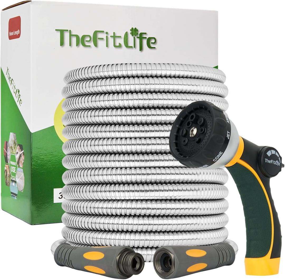 TheFitLife Flexible Metal Garden Hose - 25 FT Lightweight Stainless Steel Water Hose with Solid Fittings and Sprayer Nozzle - Leak Proof, Kink Free, Anti-rust, Large Diameter, Durable and Easy Storage