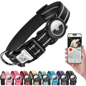 Reflective Dog Collar with AirTag Holder, Waterproof Dog Collar with QR Code, Heavy Duty Adjustable Pet Collar for Small Medium Large Dogs, Black