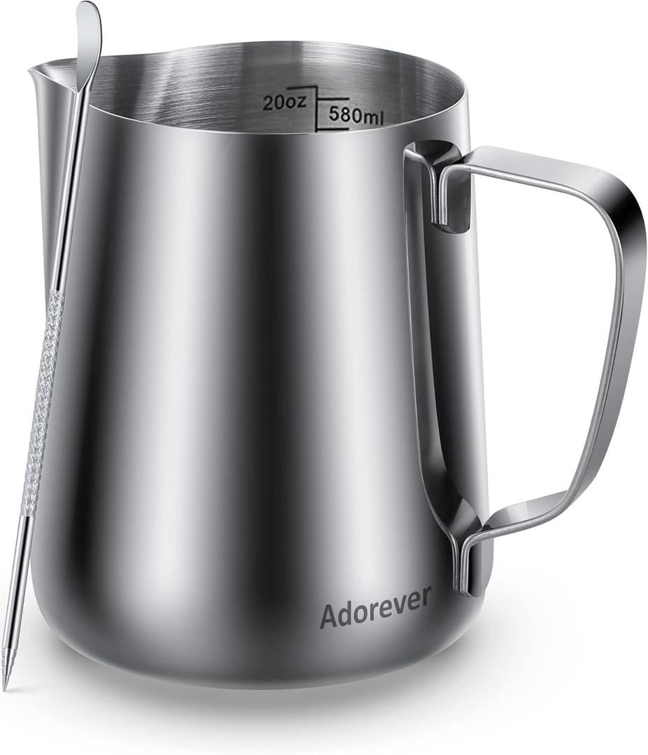 Milk Frothing Pitcher, 20oz Steaming Pitcher Stainless Steel Espresso Machine Accessories for Coffee Bar, Cappuccino Barista Tools Milk Jug Steamer Frother Cup with Decorating Latte Art Pen