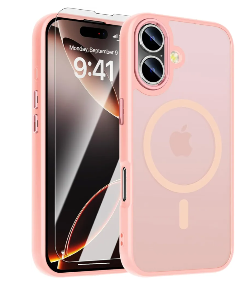 WRJ for iPhone 16 Case, Magnetic Translucent Phone Case for Women Men [Compatible with Magsafe] Slim Anti-Fingerprints Shockproof Protective Cover with Screen Protector 6.1 Inch-Pink