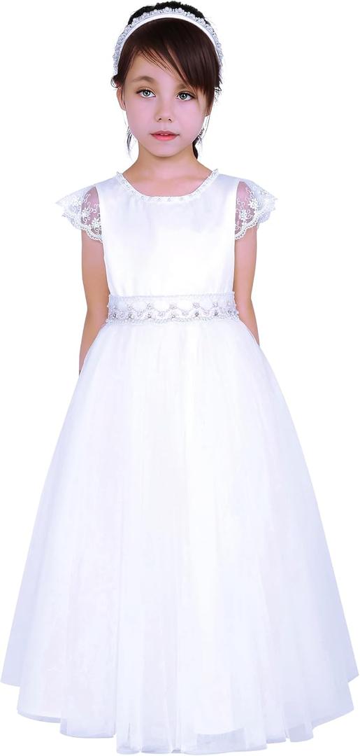 Girl 1st Communion Pure White Tulle Clothes Teens Kid First Wedding Dress Size 13-14Y