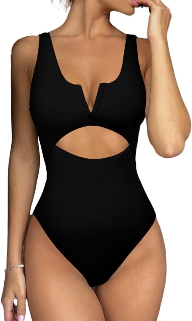 Meyeeka Womens One Piece Swimsuits Tummy Control Bathing Suit for Women Push Up Swimwear V Neck High Cut Monokini S 