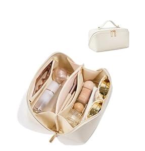 ALEXTINA Travel Makeup Bag Organizer for Women, Large Capacity Cosmetic Make up Bag with 180° Open-Flat Design & Collapsible Handle, Waterproof Vegan Leather Toiletry Bag for Travel Essentials, White