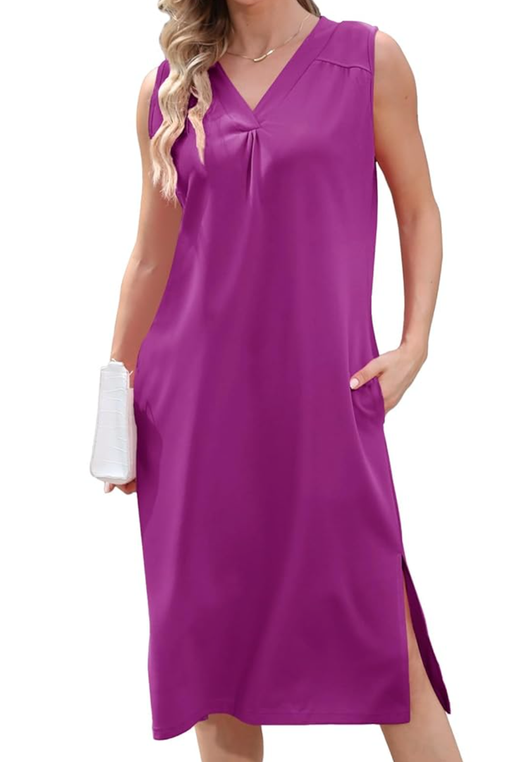 Alaster Queen Women's 2024 Work Midi Sleeveless Dress Summer V Neck Solid Split Business Dress with Pockets, Medium