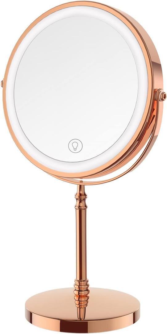 DEIOVWXS Makeup Mirror, 3000mAh Rechargeable Double-Sided Magnifying Vanity Mirror with 3 Colors, 1X/10X, 360 Rotation, Adjustable Brightness, Gifts for Mom, Women,Wife, Girls, Dorm Room Essential (Rose Gold)