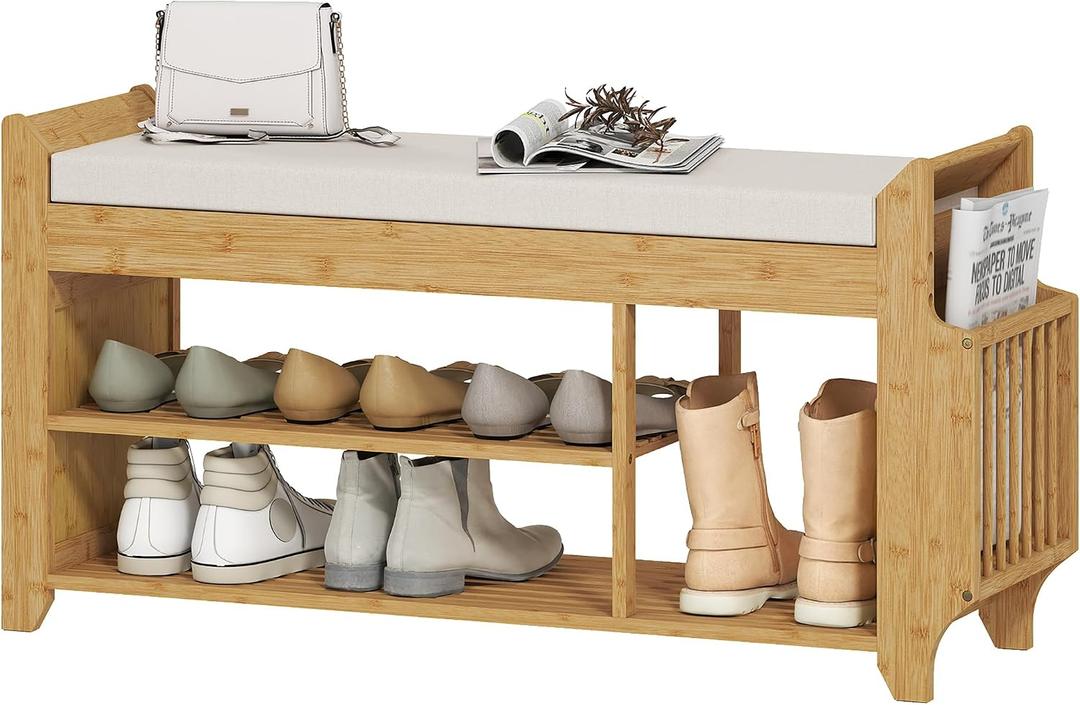 HOMCOM Shoe Bench, Entryway Bench, 2-Tier, 39.4", Natural and Cream, 39.4" W x 11.8" D x 19.7" H