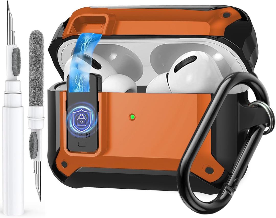 Olytop for Airpods Pro 3 Case with Magnetic Automatic Lock, Rugged Apple Airpods Pro 3rd Generation Cover 2025, Armor Shockproof iPod Pro3 Gen Protective Shell with Carabiner&Cleaner kit, Black/Orange