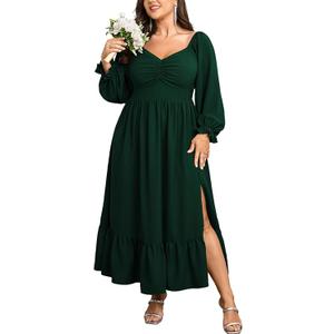 Womens Plus Size Wedding Guest Cocktail Dress Sweetheart Neckline Long Sleeve Smocked Ruffle Slit Maxi Dresses, Size 1XL
