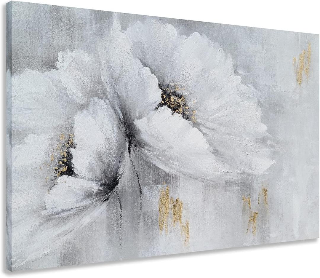 MYBEAUTYWALLA Grey and White Poppy Flower Canvas Wall Art - Hand Painted Floral Painting with Gold Foil - Abstract Magnolia Picture for Living Room Bedroom Bathroom Decor (36L" x 24W", FL1219)