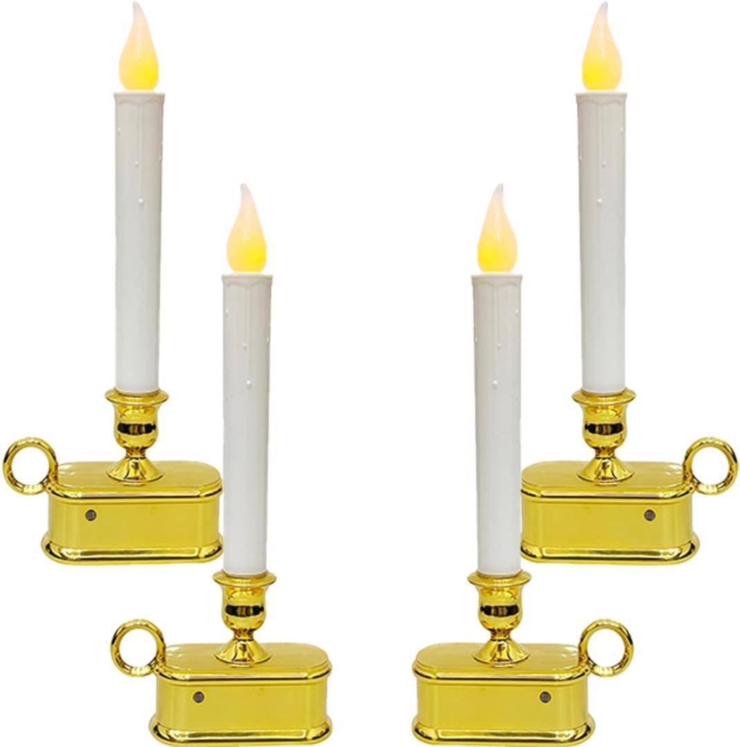 Bokoiuu Wireless Window Candle Light, 4 Pack Battery-Operated LED Christmas Candles Lights with Gold Candlestick Base, C26 LED Bulb Candle Lamp for Home Party Christmas Decorations