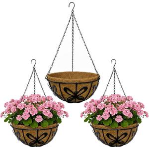 14 Inch Hanging Baskets for Plants Outdoor, 3 Pack Metal Wire Hanging Planters with Coco Coir Liners, Rust-Resistant Flower Basket with Chains & Hooks for Garden Patio Porch Deck Balcony