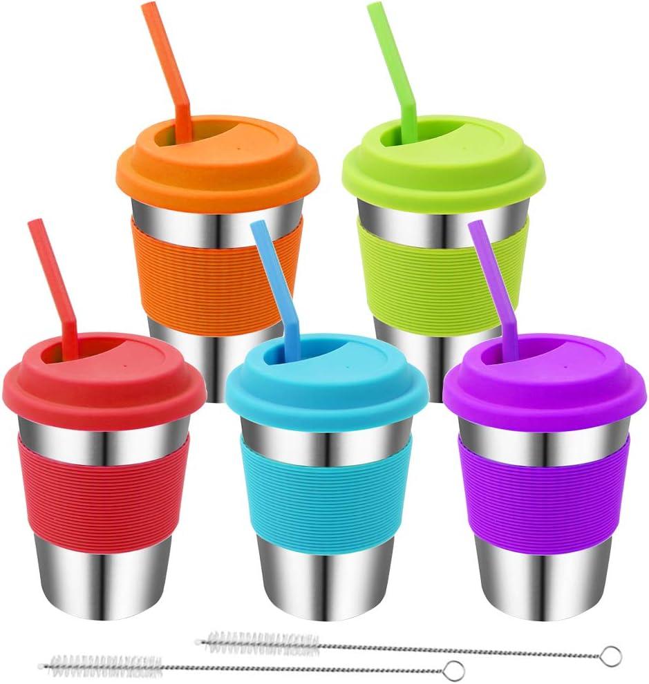 Stainless Steel Kids Cups, 5 Pack Colorful Drinking Tumbler Sippy Cup with Silicone Lids and Straws Metal Mugs for Toddlers, Children and Adults - 12oz