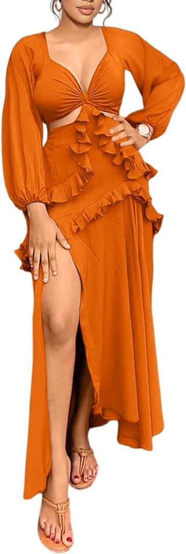 HWP Womens Ruffles Backless Dress Sexy Halter Deep V Neck Maxi Dresses Sleeveless Long Formal Cocktail Dress with Slit (Large, Orange)