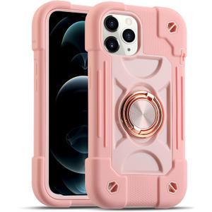 MARKILL Compatible with iPhone 12/12 Pro Case 6.1 Inch with 360 Degree Rotate Ring Stand, Military Grade Drop Protection Heavy Duty Case 3 in 1 Protective Cover for iPhone 12/12 Pro, Pink