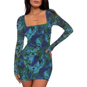 Prinbara Womens Mesh Long Sleeve Square Neck Ruched Mini Dress Sexy Bodycon Elegant Cocktail Evening Club Party Short Dresses (L)