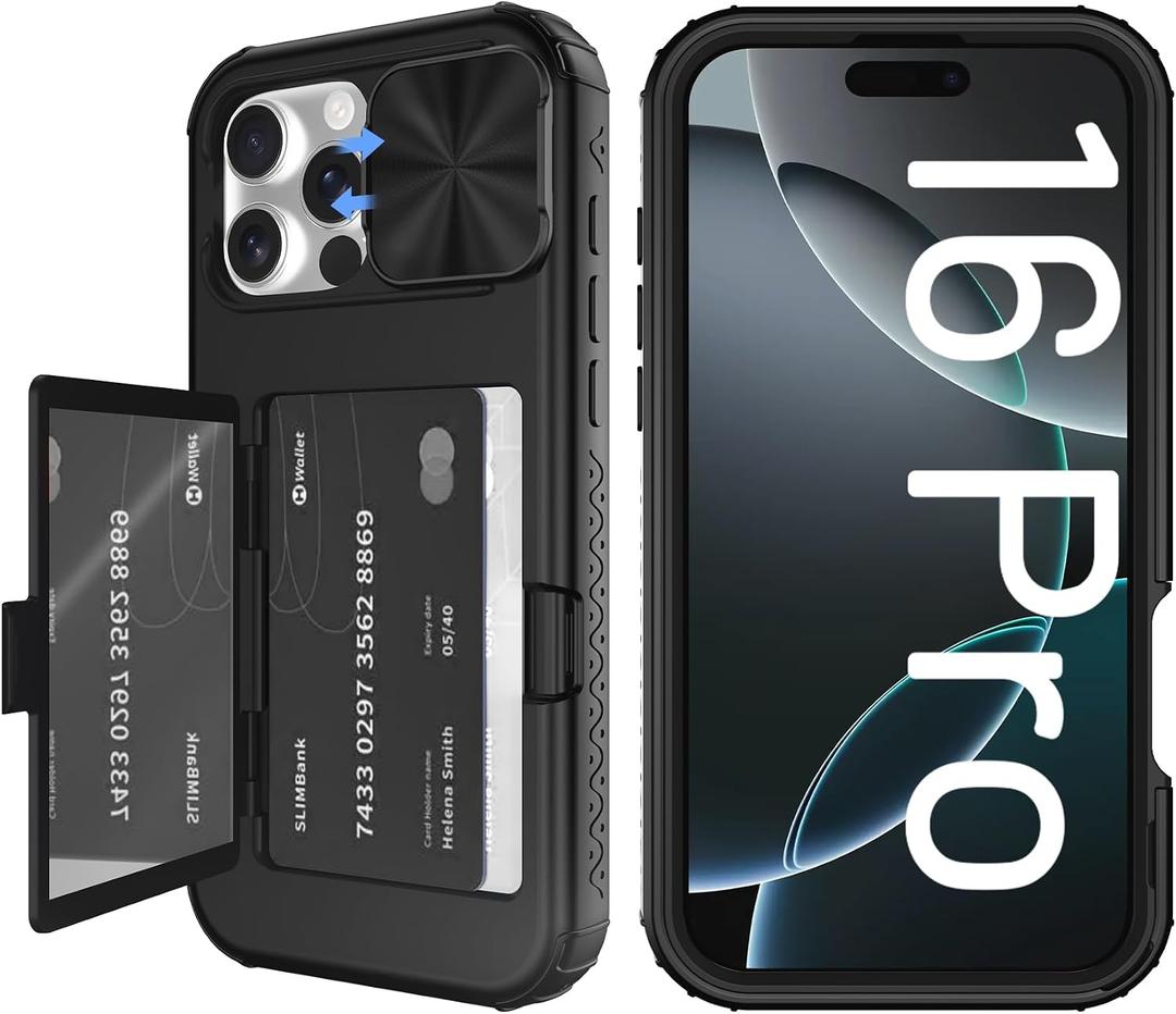 Tieuwant for iPhone 16 Pro Case Wallet, Built-in Mirror, Card Holder, Slide Camera Cover, Kickstand, Ultra Thin & Comfortable, Rugged Heavy Duty Girls Women Protective iPhone 16 Case,Black