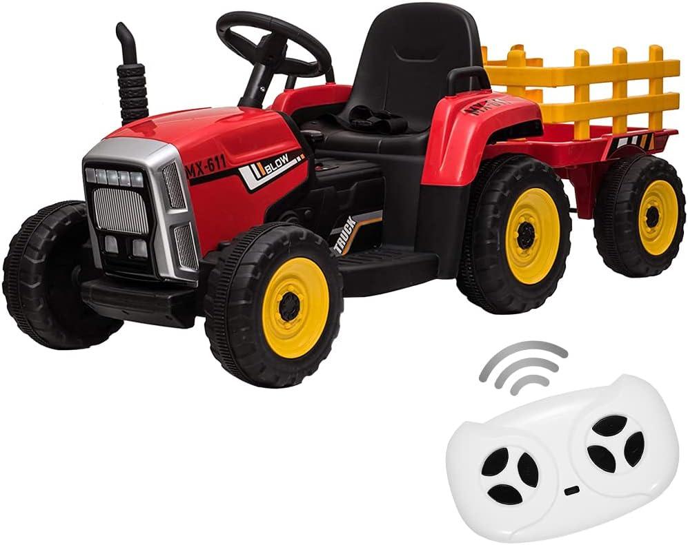 Kids Battery Powered Electric Tractor with Parent Remote Control & Trailer, Toddler 12V Ride On Toy with Dual Motors /2+1 Gear Shift/ 7-LED Lights/USB & Music Player,Red,35W/ EVA Tire