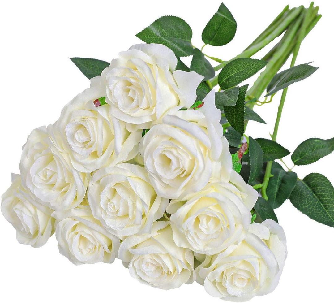 Nubry Artificial Silk Rose Flower Bouquet Lifelike Fake Rose for Wedding Home Party Decoration Event Gift 10pcs (Off White)