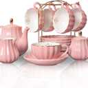 Sweejar Porcelain Tea Sets British Royal Series, 8 OZ Cups & Saucer Service for 6, with Teapot Sugar Bowl Cream Pitcher Teaspoons and Tea Strainer, Suitable for High Tea, Wedding, Party (Pink)