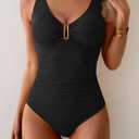 B2prity One Piece Swimsuit for Women Tummy Control Ruched Bathing Suit V Neck Push Up Swimwear (Black, M)