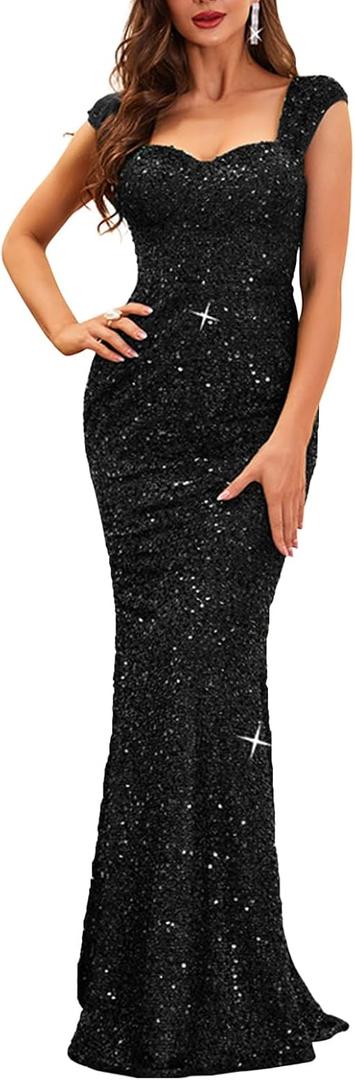 Madam Uniq Formal Dress Sequin Fishtail Sleeveless 1920s Gatsby Cocktail Prom Elegant Maxi Evening Gowns for Women (Black, XL)