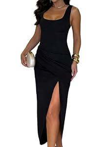 Ninimour Maxi Dresses for Women Summer Sleeveless Square Neck Thick Suspender Backless Front Slit Wedding Guest Dress-bk-S Black