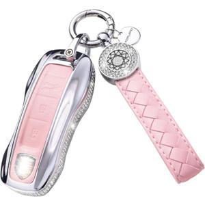 for Porsche Key Fob Cover with Keychain, Pink Key Case Protection Shell Compatible with Porsche Cayenne 911 Taycan Panamera Remote Key (Pink)