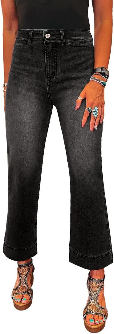 SHEWIN Women Wide Leg Jeans High Waisted Stretch Denim Pants Inseam 25-26 inch (8, Black)