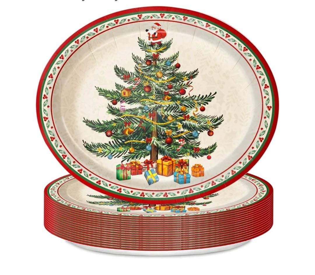 Oigco 25 Count Christmas Paper Plates, 9" x 11" Christmas Tree Disposable Heavy Duty Plates for Xmas Holiday Party Decorations