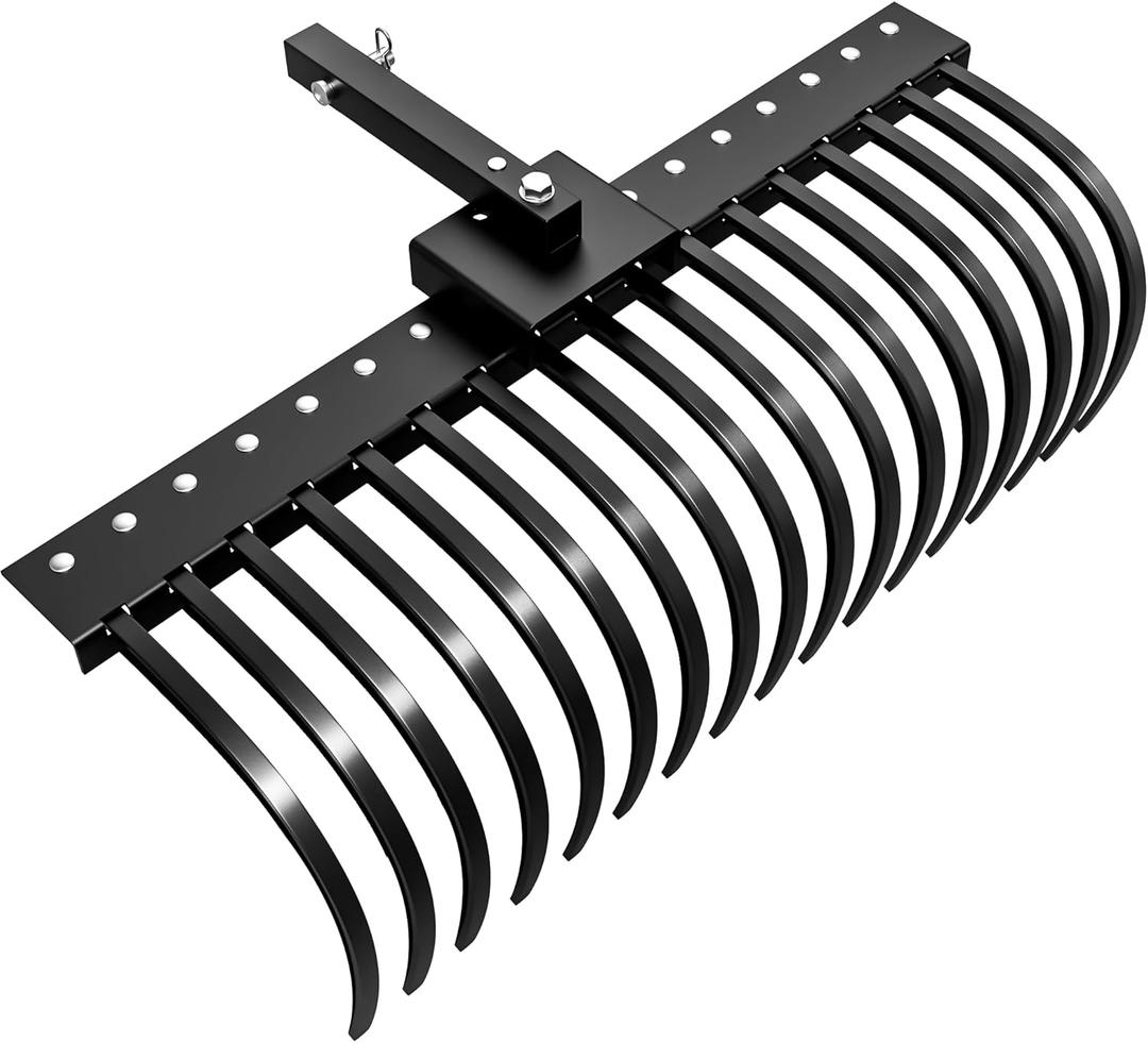 YITAMOTOR 48" Tow Behind Landscape Rake, 2" Receiver Lown Dethatcher Rack with 17 Steel Tines for ATV/UTV & 3-Point Hitch Systems Tractor, for Leaves, Debris, Grass, Pine Needles