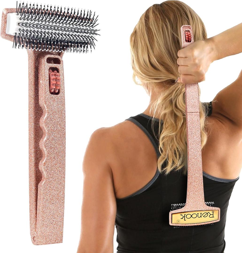 Renook Back Scratcher Extendable, 17'' Shiny Champagne Foldable Back Scratcher with Massage Rollers for Men/Women, Curved and Long Handle full Body Itch Relief, Thoughtful Gift for Women/Girls/Mother.