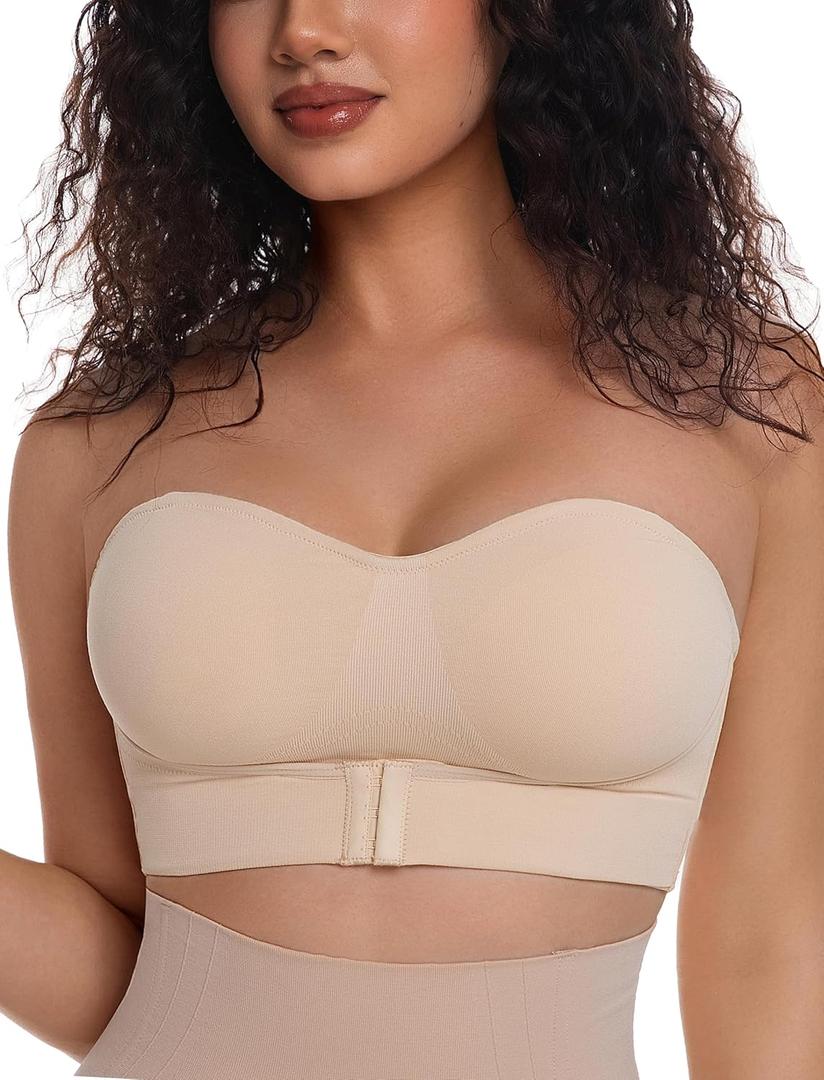 PRETTYWELL Strapless Bra Push Up Bandeau Bras for Women Front Hook Tube Top Bra Non-Slip Seamless Padded Wireless Invisible (X-Large, Nude)