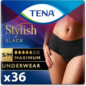 Tena Stylish Black Incontinence Underwear for Women, Maximum Absorbency, Adult Diapers, Small/Medium (Waist Sizes 29in-40in), 36 Count (2 Packs of 18)(2 Packs of 18)