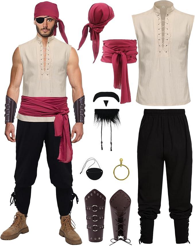11 Pcs Adult Pirate Costume Men Renaissance Medieval Shirt Ankle Banded Pants with Viking Accessories Beard Arm Guard, medium