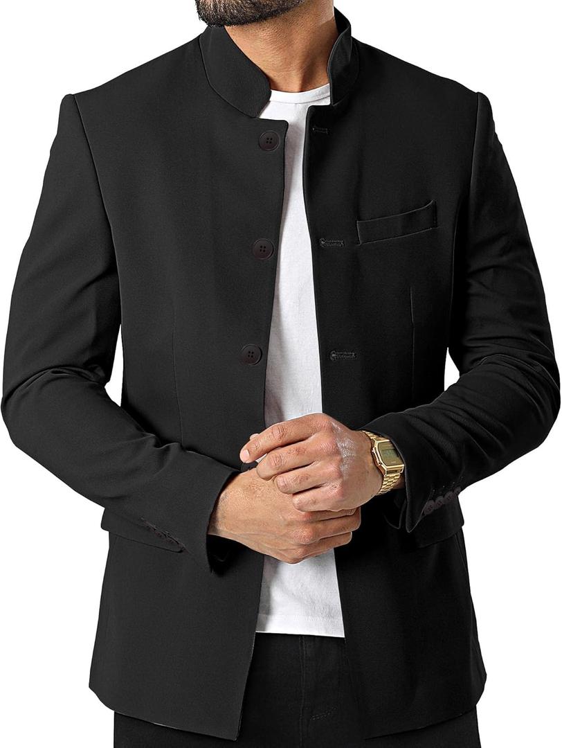 Mens Casual Suit Blazer Jackets Stand Mandarin Collar Lightweight Lined Business Dress Sport Coats 3XL