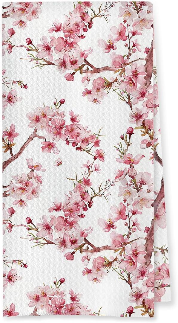 Pink Cherry Blossom Floral Kitchen Dish Towels, Cottagecore Spring Cherry Flower Tree Botanical Decorative Hand Tea Towels for Kitchen Bathroom, 16x24 Inch