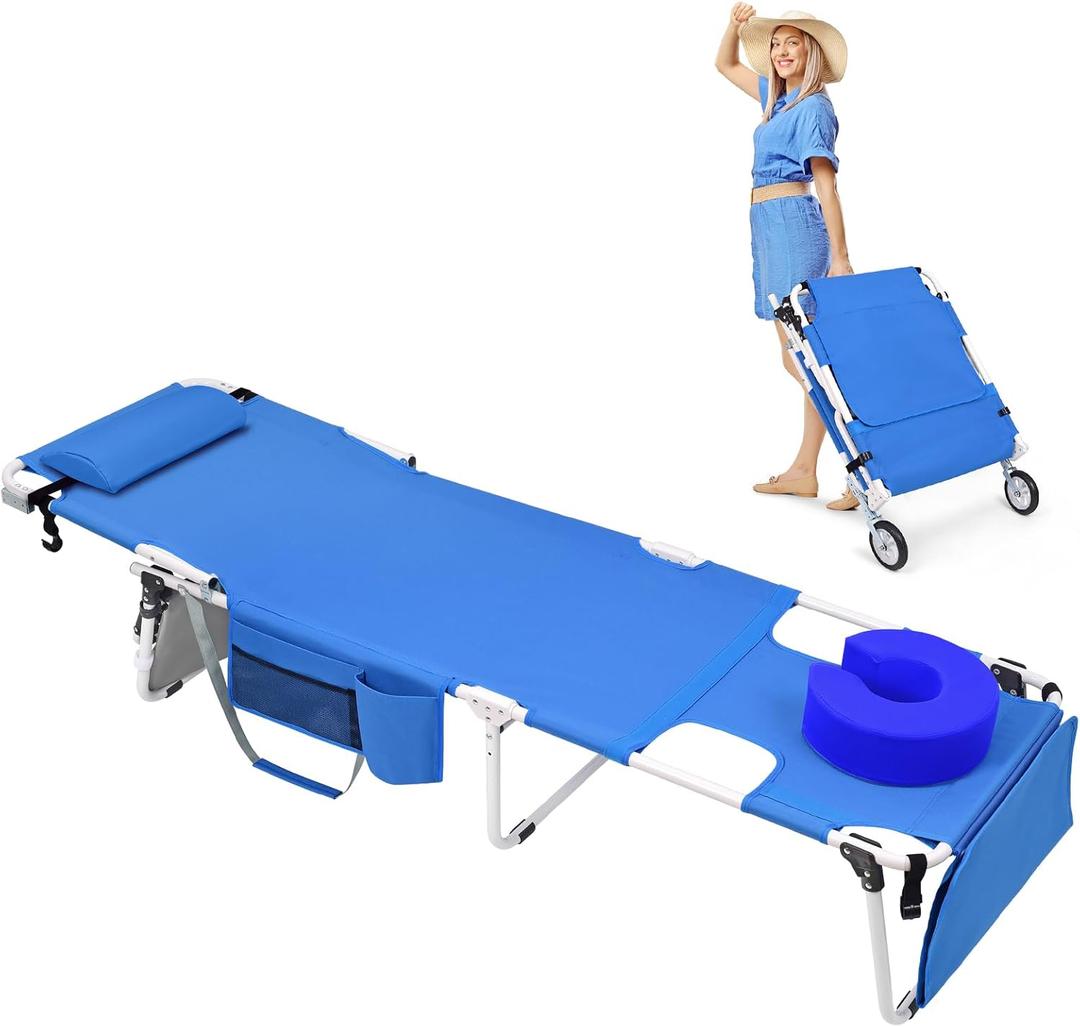 Wheel-To-Go Tanning Chair with Wheels & Face Hole Thicker Washable Adjustable, Heavy Duty Folding Lounge Chair, Outside Beach Sunbathing Reading Poolside, Lay Flat Sun Lounger, 300 LBS (Patent Design)