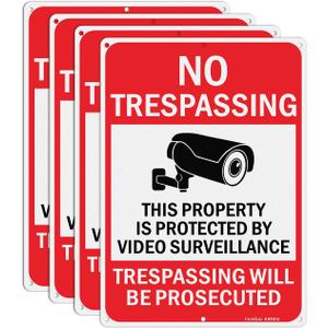 Large Video Surveillance Signs, 14x10 Inches No Trespassing Sign Private Property Sign, Reflective Aluminum, Fade Resistant,Indoor or Outdoor Use (4-Pack)