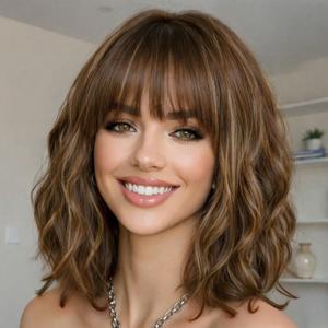 AISI HAIR Curly Bob Wig with Bangs Short Wavy Soft Copper Brown Wigs for Women Bob Style Synthetic Heat Resistant Bob Wigs
