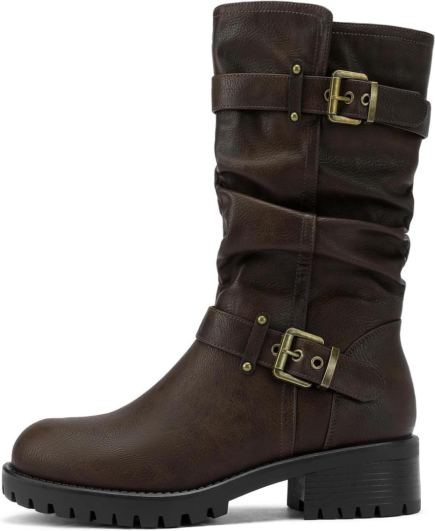 Women's Mid Calf Wide Toe Box Motorcycle Biker Boots Dressy Low Heel