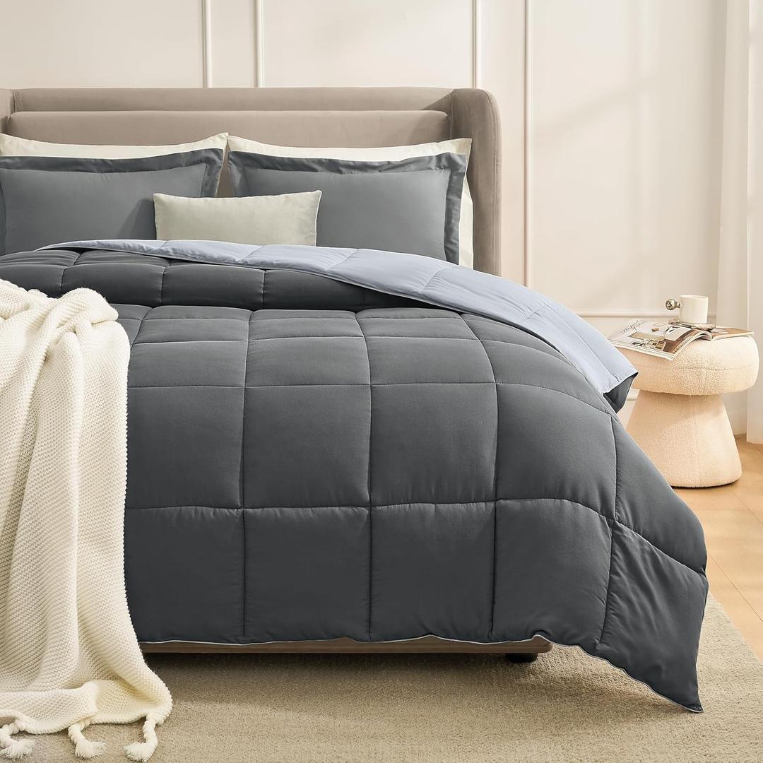 Homelike Moment King Size Comforter Set Grey, Comforters King Size Bed Sets, Lightweight Soft Down Alternative Bed Comforter Reversible All Season 3 Piece Sets with 2 Shams Grey/Light Gray