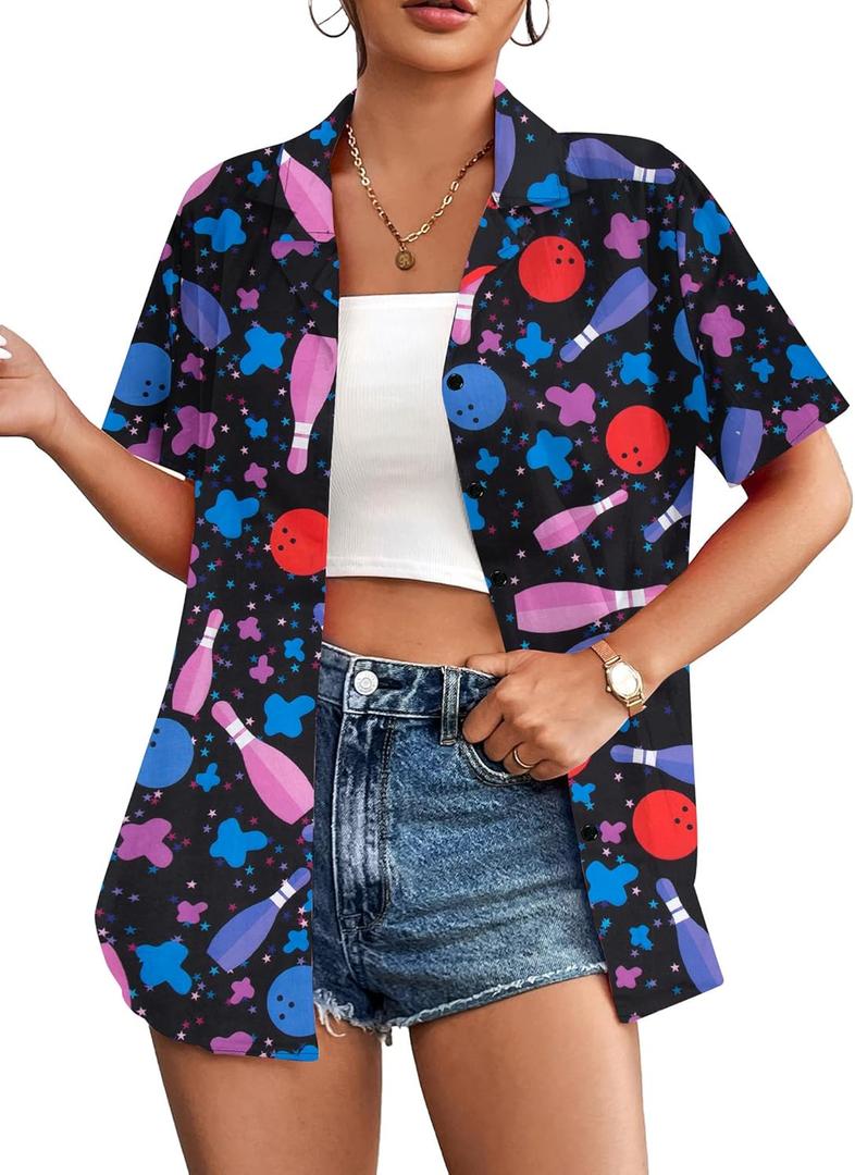 Bowling Shirts Women Hawaiian Bowling Shirt Bowling Lover Gift Tops Bowler Button Down Short Sleeve Tee (X-Large)