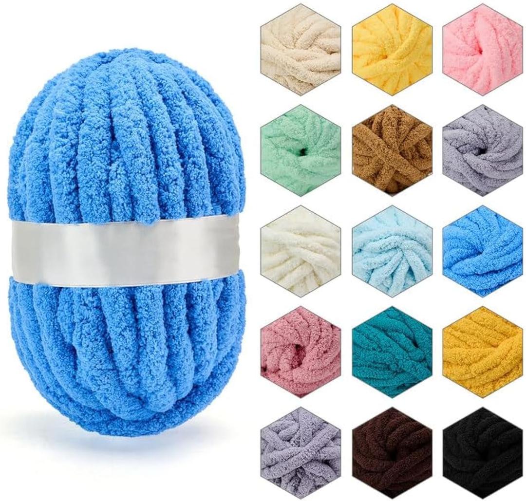 ERLYEEN Chenille Chunky Yarn Super Bulky Soft Thick Fluffy Jumbo Giant Washable Polyester Big Yarn DIY for Arm Knit Blanket Cushion Bed Sofa Home Decor,Denim Blue,1.1LB