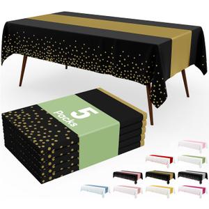 Smiry Plastic Table Cloth Disposable 5 Pack, 54 x 108 Inch Rectangle Waterproof Tablecloth, Printed Gold Table Runner Style for Birthday Weeding, Party Decorations, Leakproof & Sturdy, Black and Gold