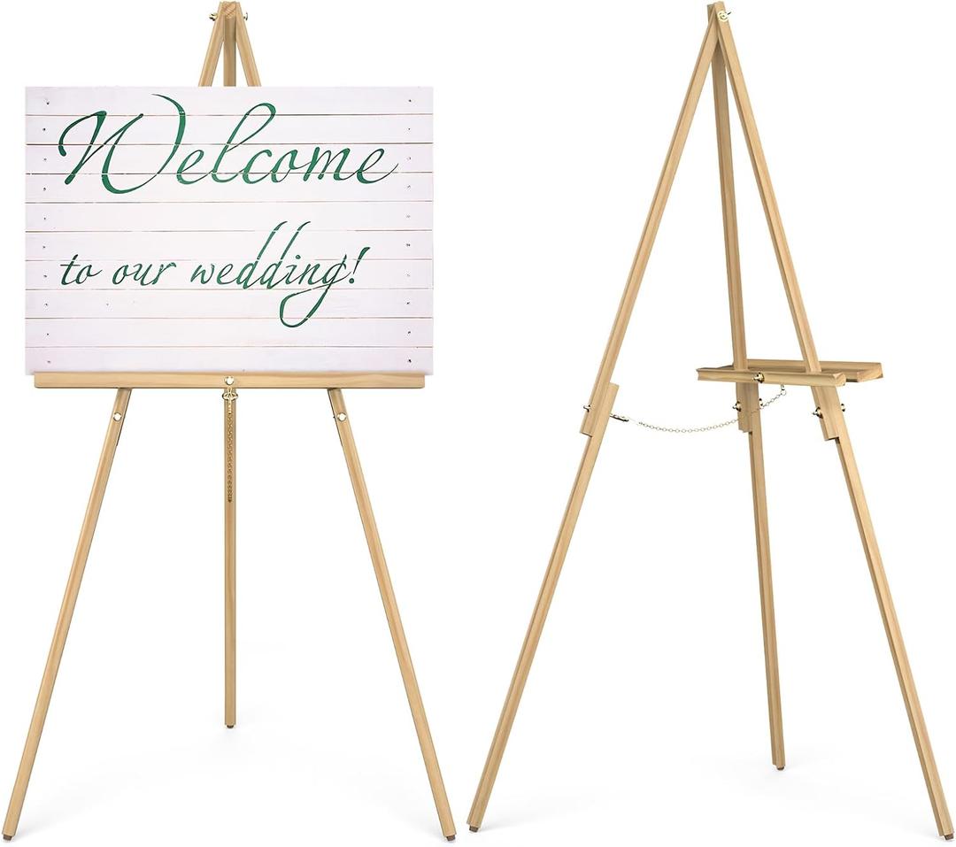Wooden Art Easel Stand - 63" Portable Tripod Wood Artist Easel - Adjustable Floor Poster Stand for Painting, Display Show, Wedding - Natural