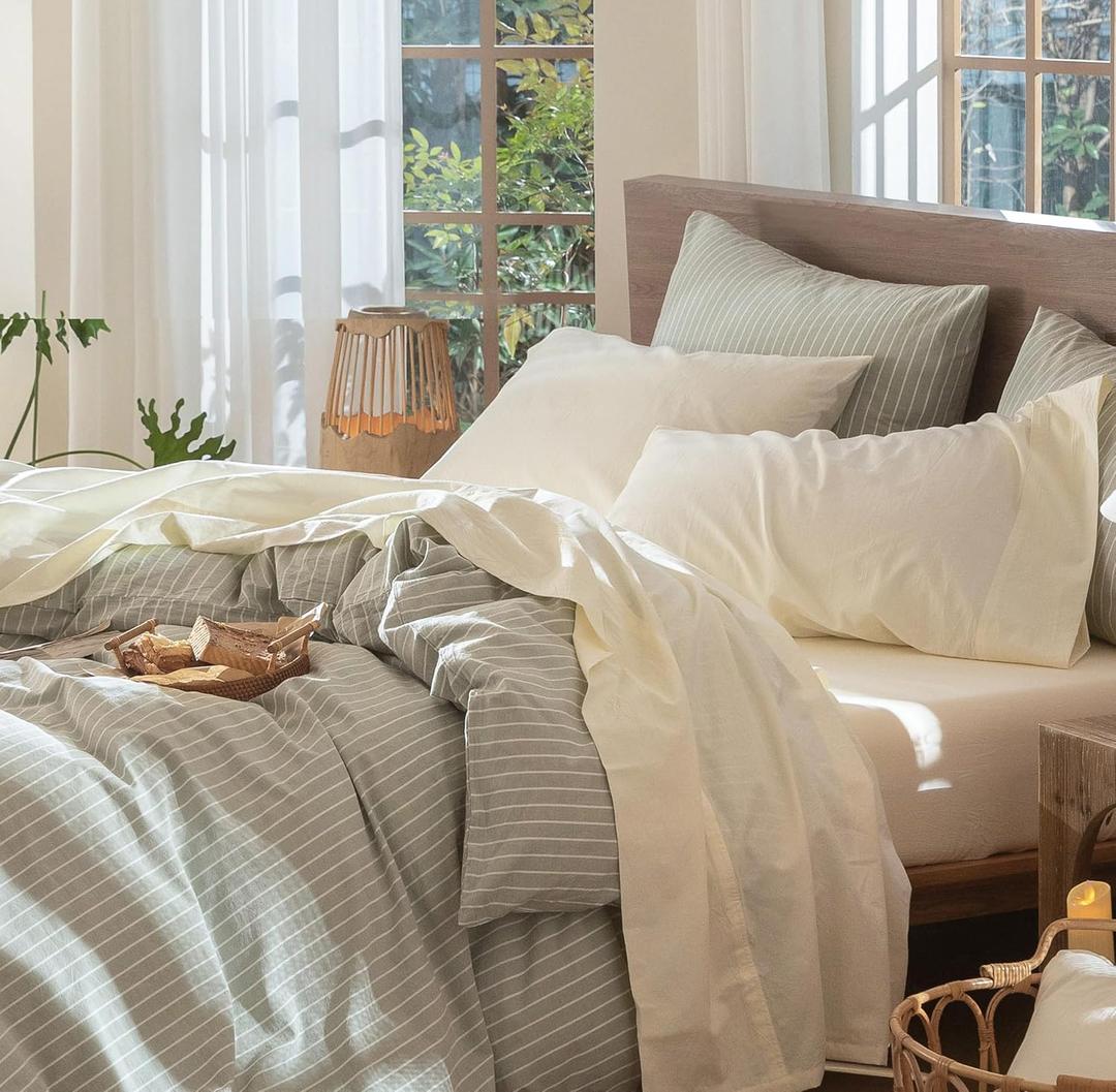 MooMee Bedding Sheet Set 100% Washed Cotton Linen Like Textured Breathable Durable Soft Comfy (Solid Cream White, King)