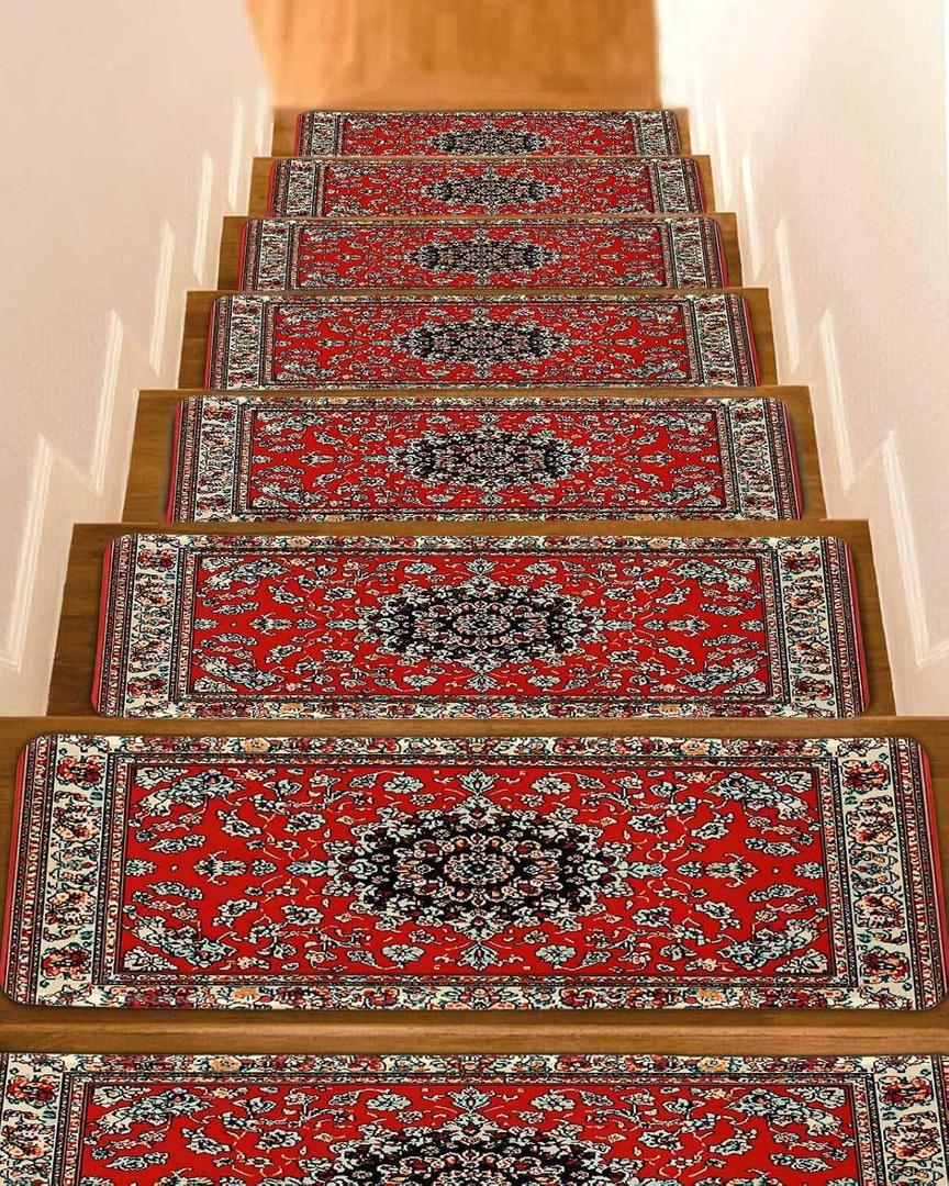 Abstract Red Stair Treads for Wooden Steps Indoor Runner Rug Carpet,Vintage Distressed Traditional Oriental Boho Tribal 15 Pieces Peel and Stick Staircase Step Treads Covers Washable Door Mats 30"x8"